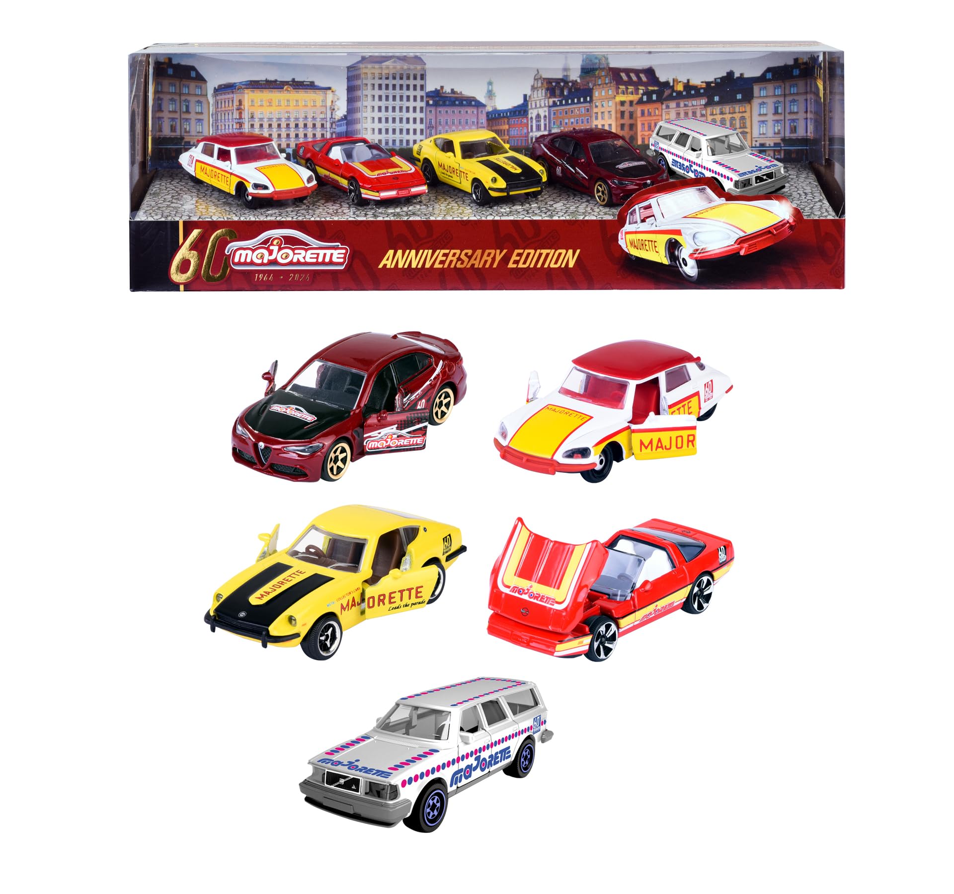 Majorette Gift Set 60th Anniversary (5 Model Cars) - 5 Premium Metal Toy Cars with 2 Exclusive Car Models, Each 7.5 cm, for Children from 3 Years