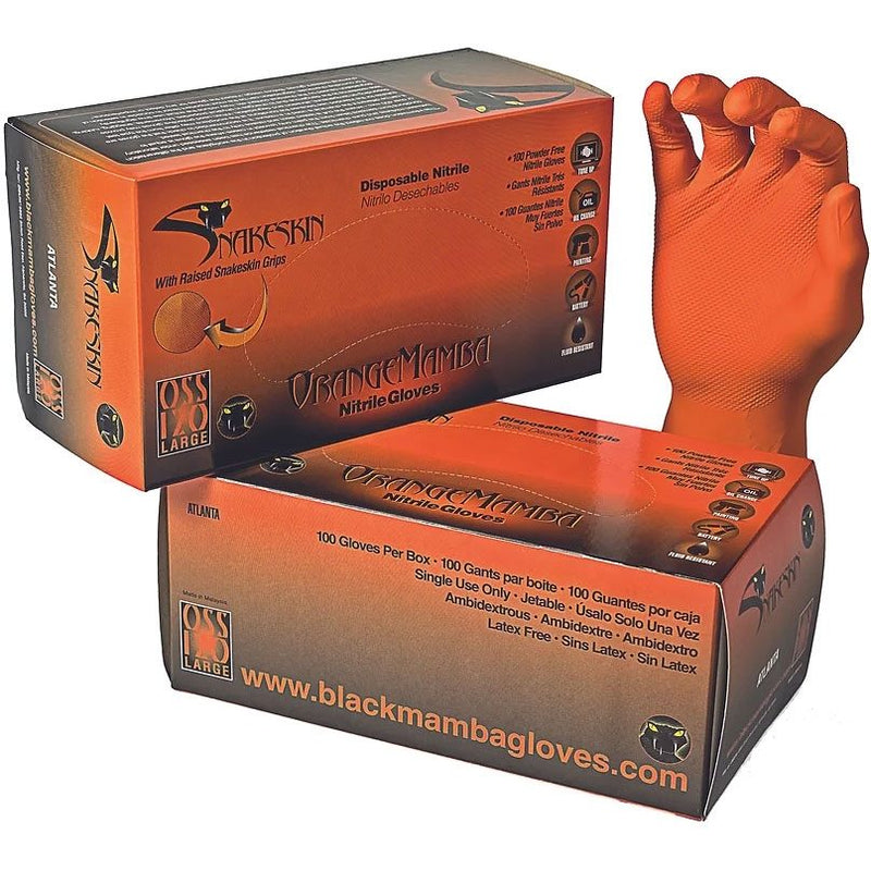 Black Mamba - Orange Snakeskin Nitrile Disposable Gloves Med