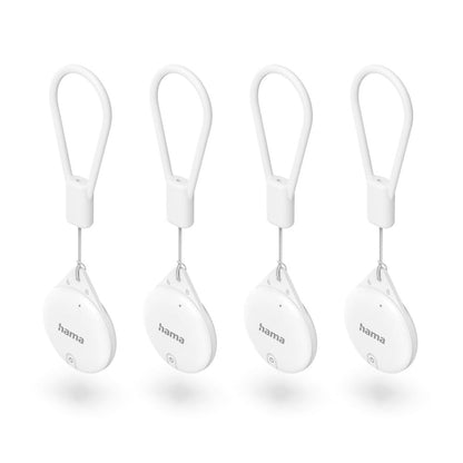 Hama Key Finder for Apple Where is App, 4 Pieces (Key Finder with Bluetooth, Alarm, Mobile Phone Key Finder for Keys, Wallet, Luggage, Animals, iOS, iPhone, iPod, iPad, Changeable Button Cell) White