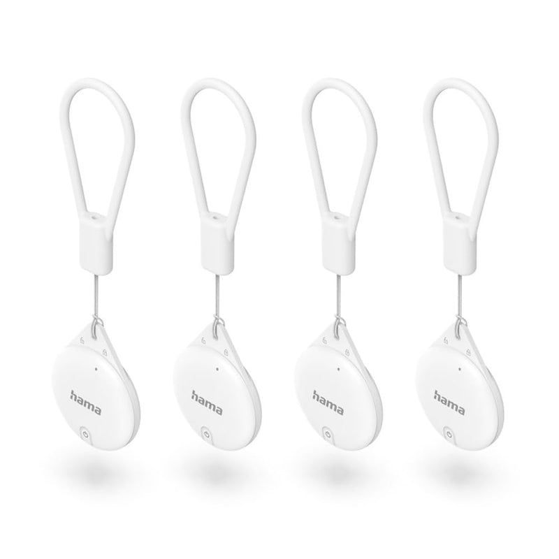 Hama Key Finder for Apple Where is App, 4 Pieces (Key Finder with Bluetooth, Alarm, Mobile Phone Key Finder for Keys, Wallet, Luggage, Animals, iOS, iPhone, iPod, iPad, Changeable Button Cell) White