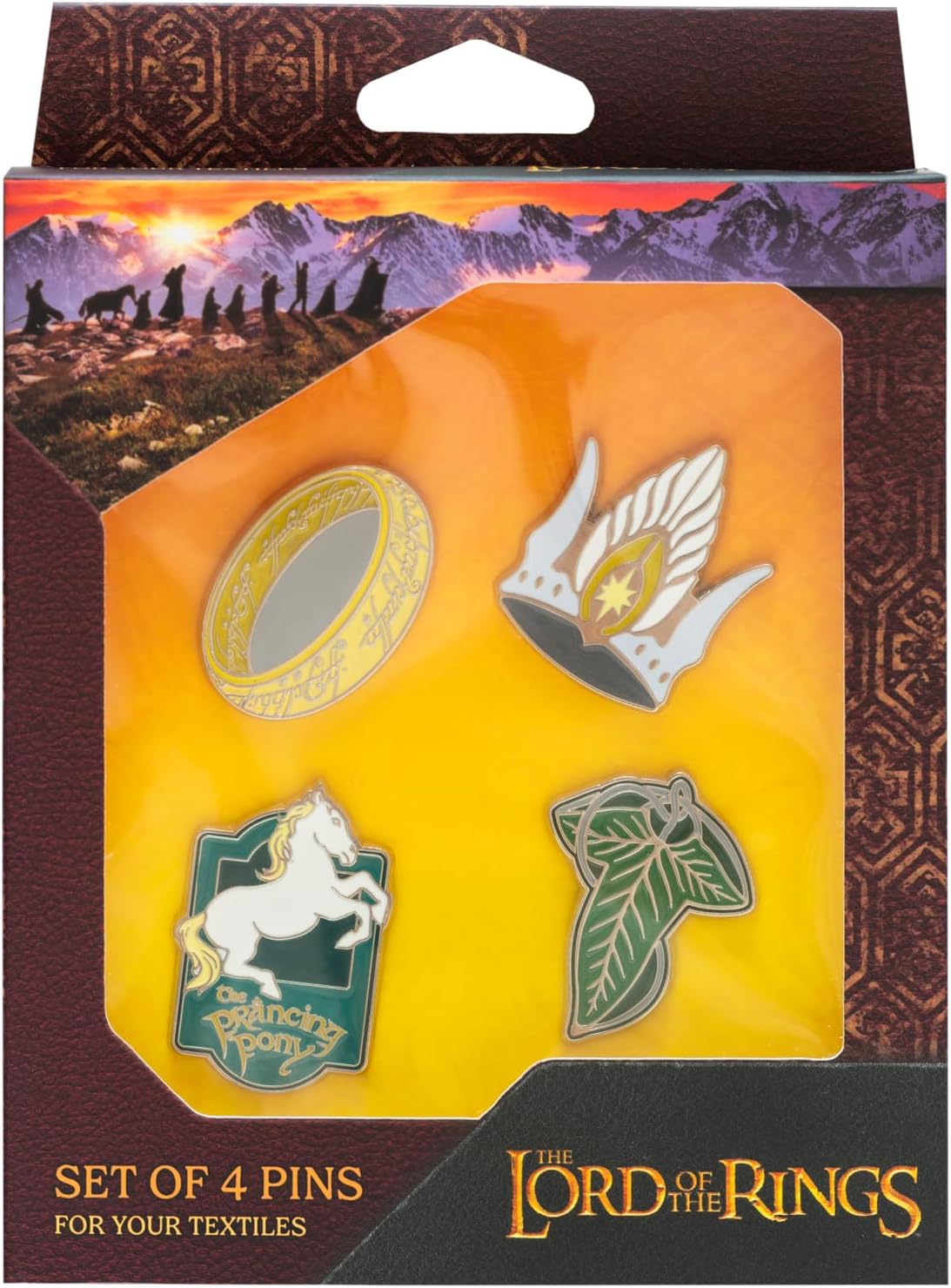 Grupo Erik The Lord Of The Rings Set Of 4 Pins - The Leaf Of Lorien, The One Ring, The Prancing Pony, The Crown Of Gondor | Enamel Pins | Lord Of The Rings Gifts | Lord Of The Rings Merchandise | LOTR