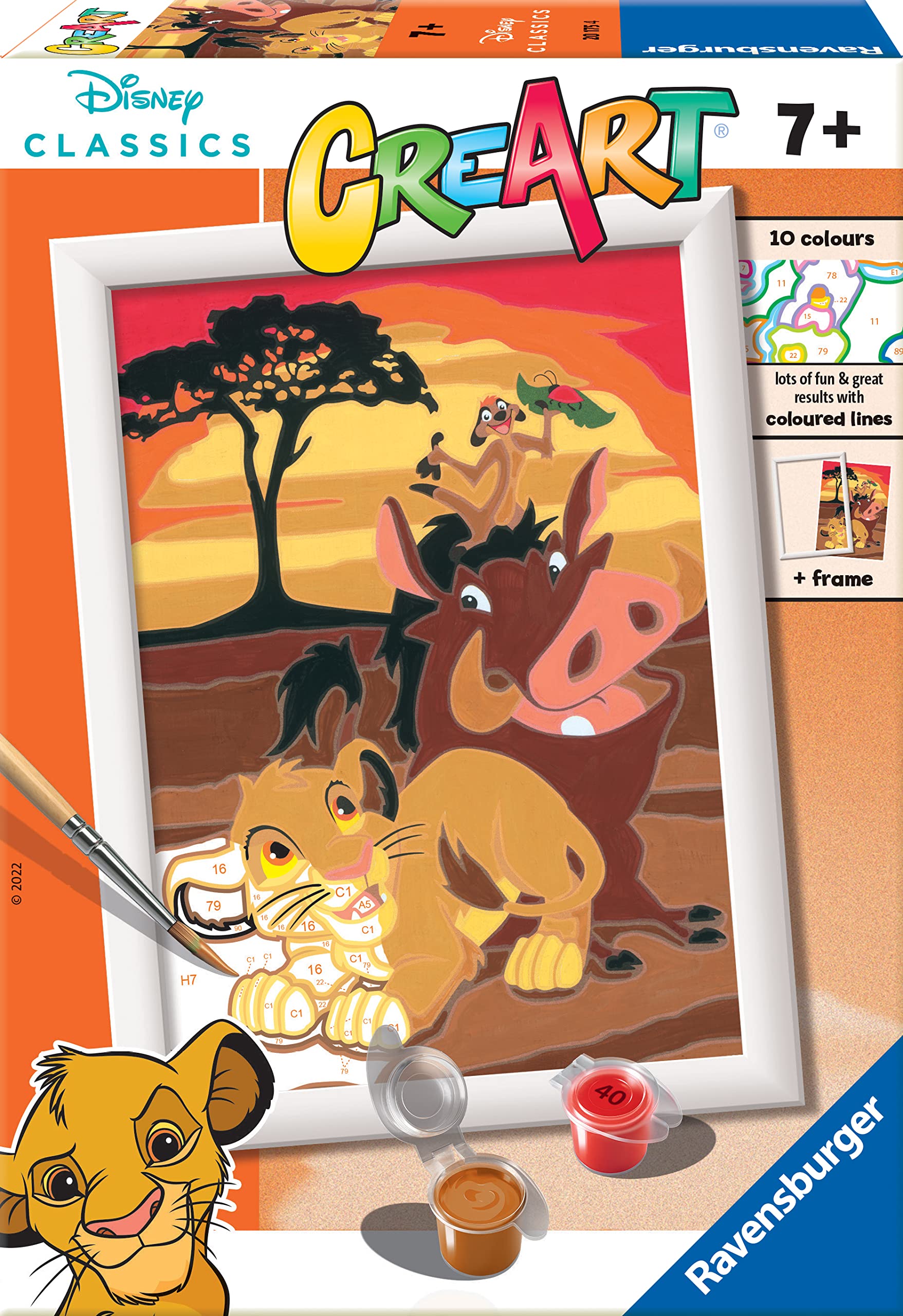 Ravensburger - Creart E: El Rey Leon | Pintar por Numeros Niños | Kit Manualidades Niños Disney | Kit Pintura Niños Completo | Manualidades Niña 7 años | Incluye Marco 13x18cm