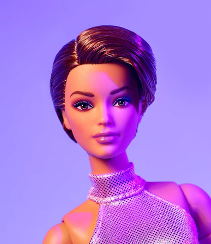 Barbie Looks Doll, Collectible No. 22 with Pixie Cut and Modern Y2K Fashion, Sequined Pink Halter Jumpsuit with Silver Heels, HRM14