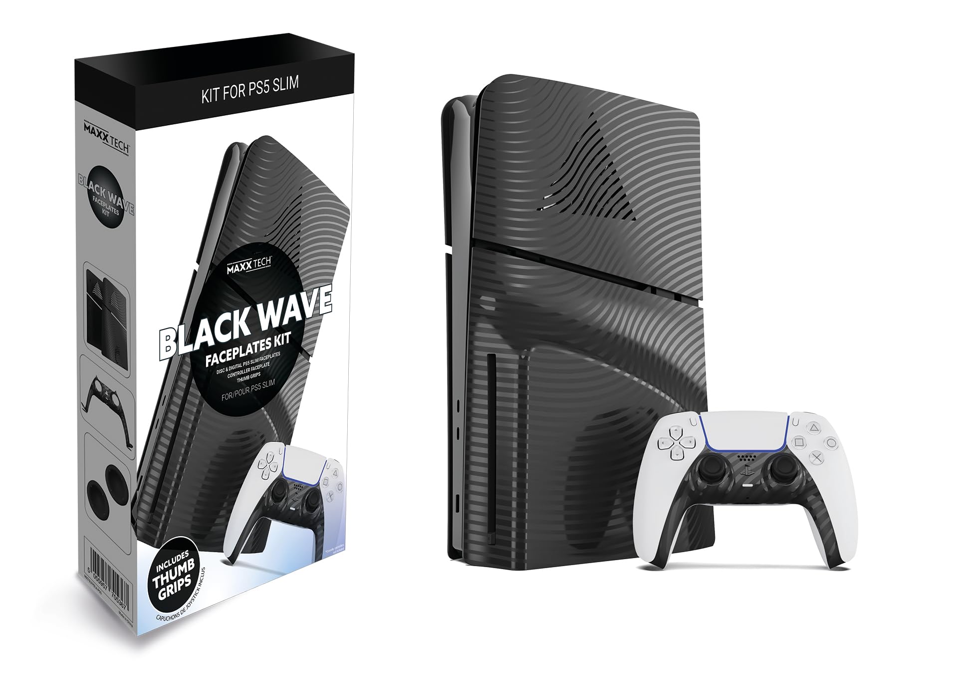 Maxx Tech PS5 Slim Faceplates Black Wave (5pcs) + Controller faceplate + 2 Thumb Grips