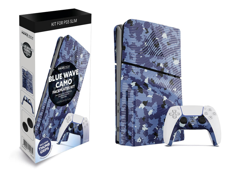 Maxx Tech Kit di piastre frontali per PS5 Slim - Blue Wave Camo (5 pezzi) + piastra frontale controller + 2 impugnature per pollice