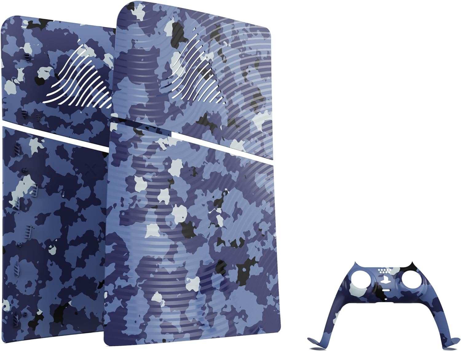 Maxx Tech Kit di piastre frontali per PS5 Slim - Blue Wave Camo (5 pezzi) + piastra frontale controller + 2 impugnature per pollice