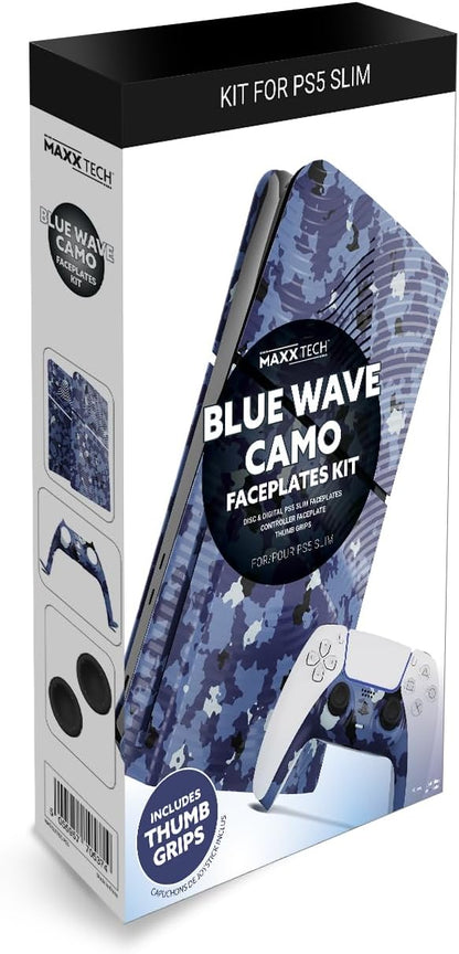 Maxx Tech Kit di piastre frontali per PS5 Slim - Blue Wave Camo (5 pezzi) + piastra frontale controller + 2 impugnature per pollice