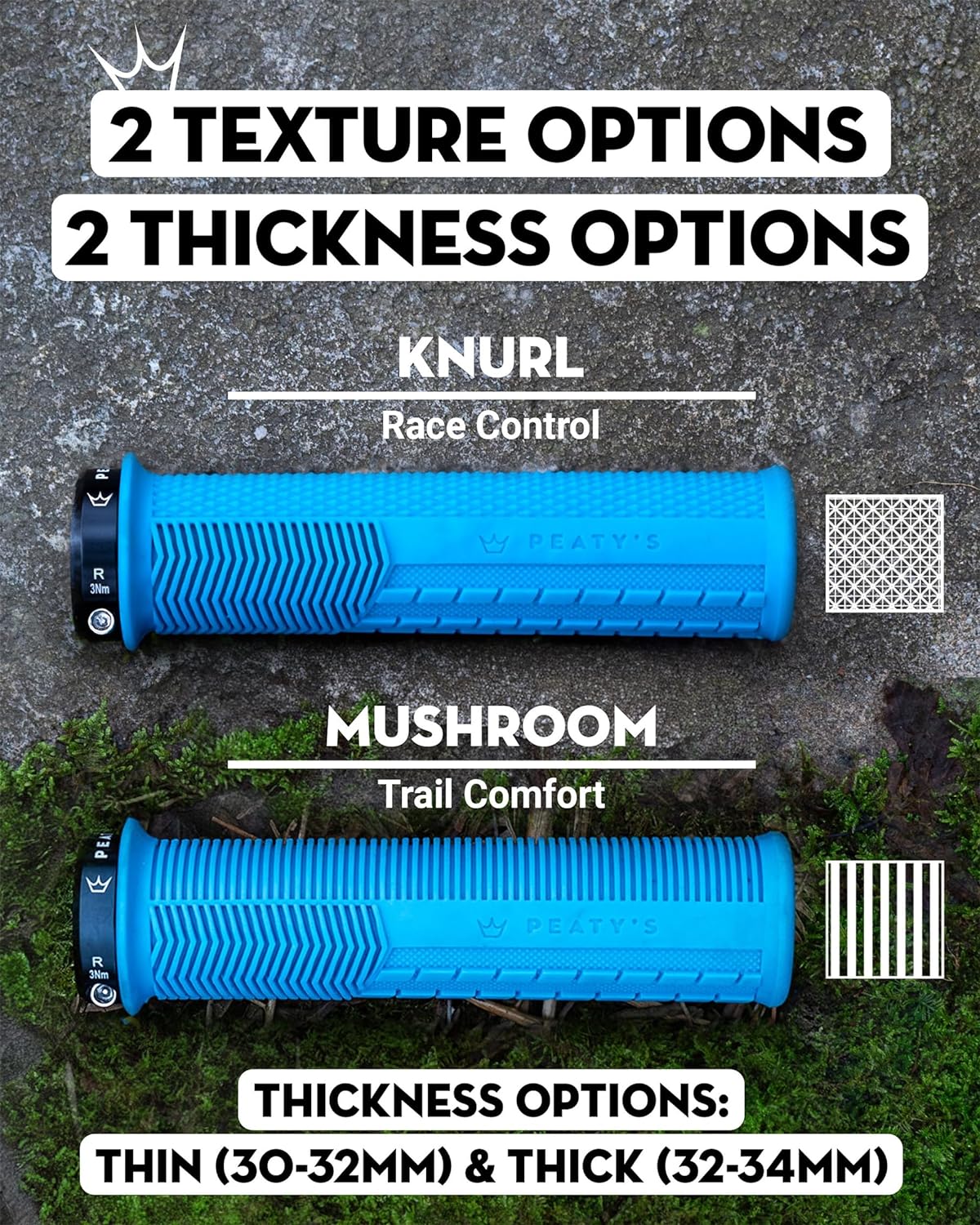 Peaty's Monarch Grips - Mushroom or Knurl/Thick or Thin - Trail Comfort, Durable, Ergonomic Finger Bars, Support Thumb Pad, All Day, All Terrain, Lock on grip MTB Enduro Downhill Ebike Mountain Bike