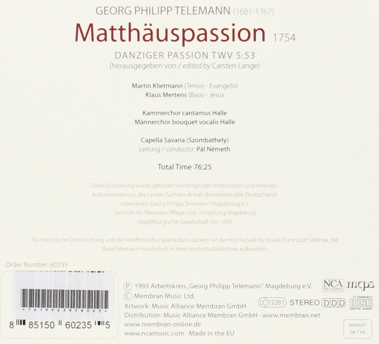 Telemann: Matthäus-Passion 1754 / Danziger Passion TWV 5:53