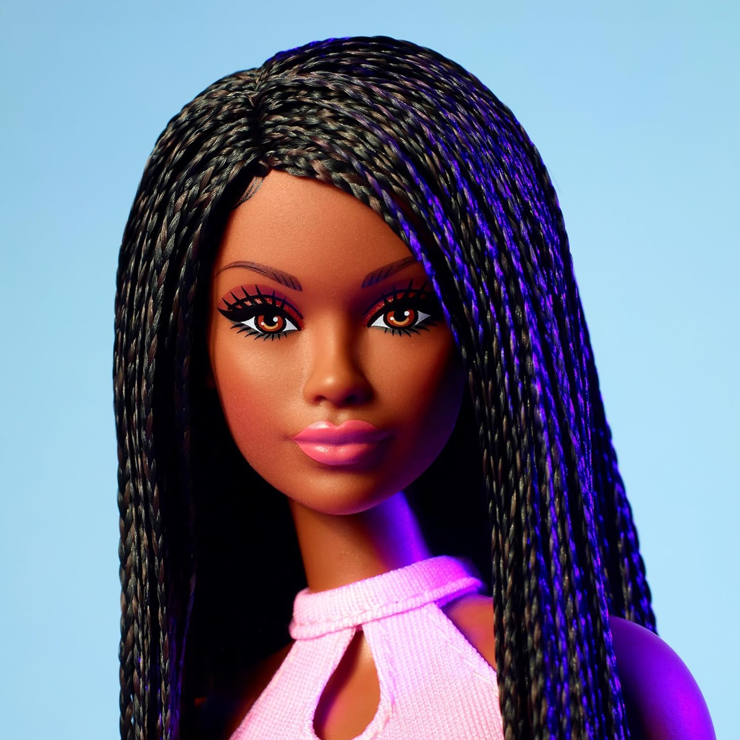 Barbie Looks Doll, Collectible No. 21 with Black Braids and Modern Y2K Fashion, Pink Halter Top and Faux-Leather Skirt with Ankle Boots, HRM13