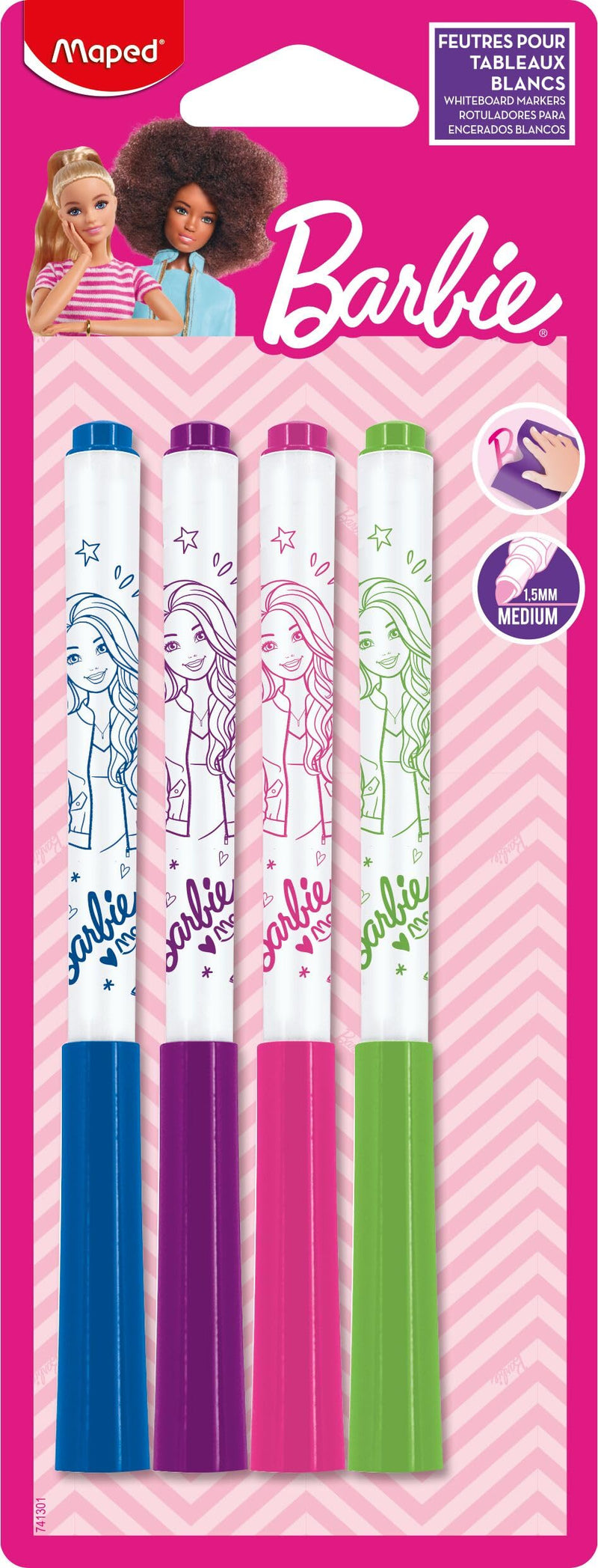 Maped Marker'Peps - Pennarelli sottili cancellabili a secco, per Barbie, lavagne e lavagne bianche, 4 colori: blu, verde, rosa e viola