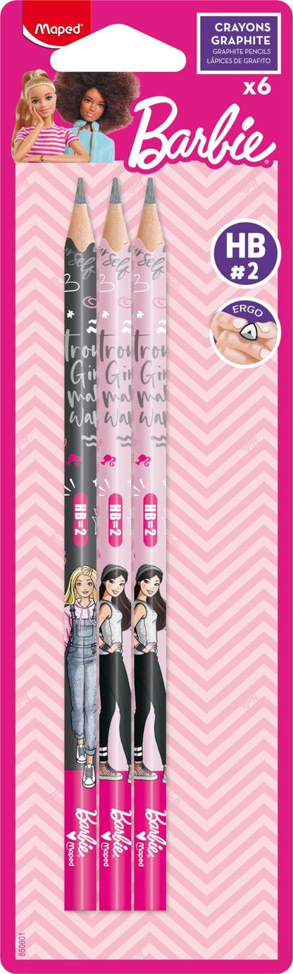 Maped - Barbie HB Pencil with Eraser Head - Pack of 6 - Wooden Pencils with Eraser - Ergonomic Shape