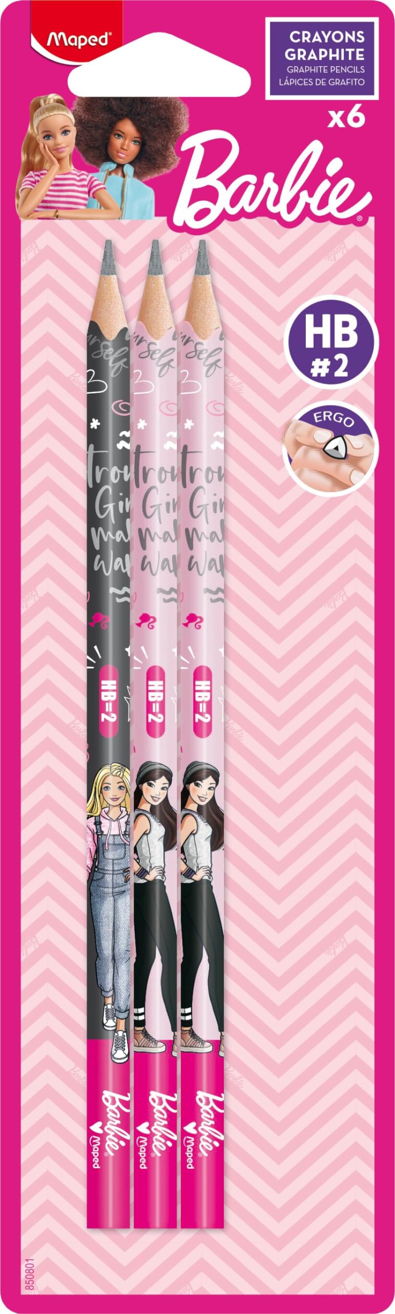 Maped - Barbie HB Pencil with Eraser Head - Pack of 6 - Wooden Pencils with Eraser - Ergonomic Shape