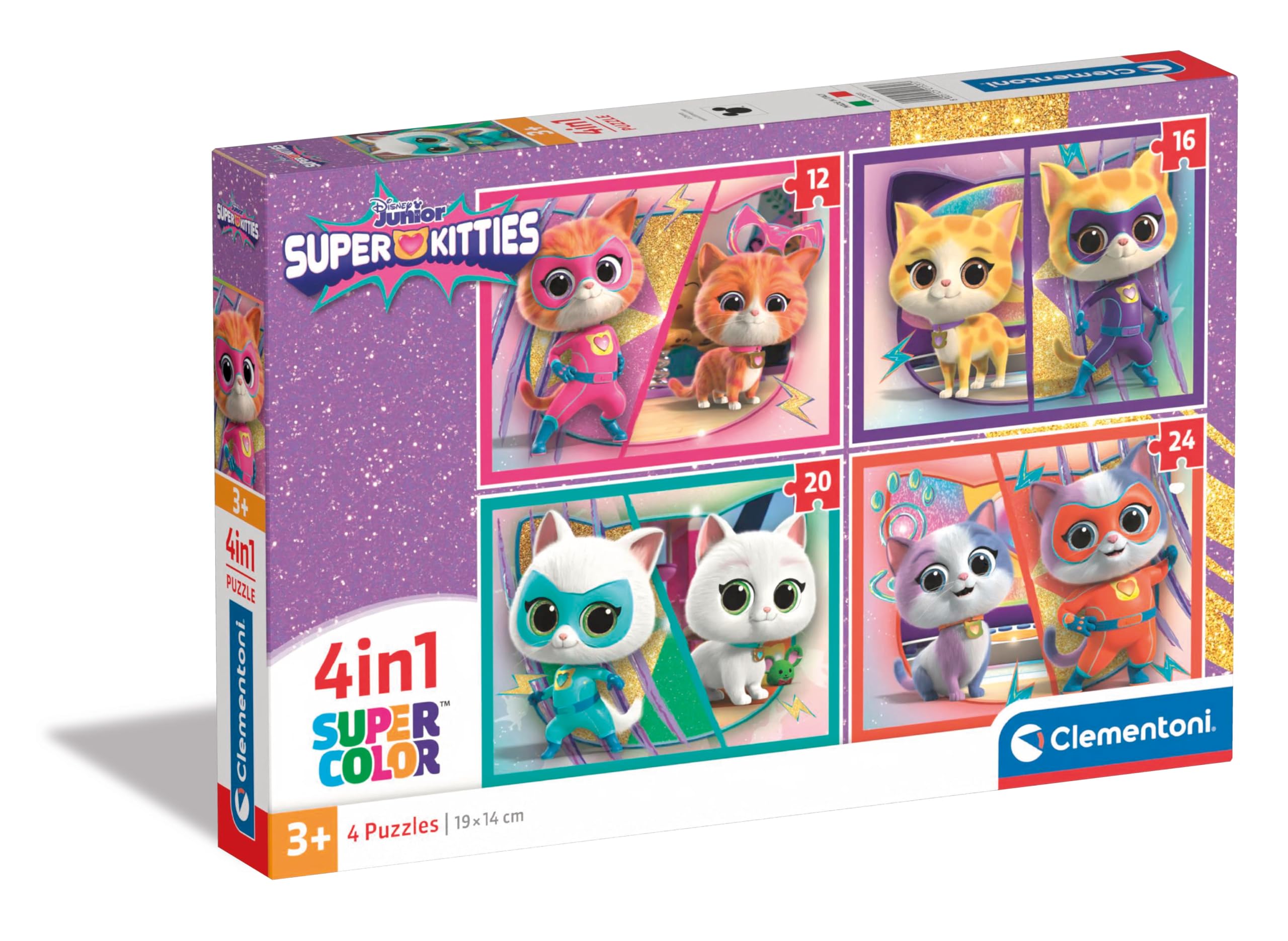 Clementoni - Supercolor SuperKitties 21531 Kinderpuzzelstukjes, 12, 16, 20 en 24 stukjes, 4 jaar, puzzel cartoons, Made in Italy, meerkleurig