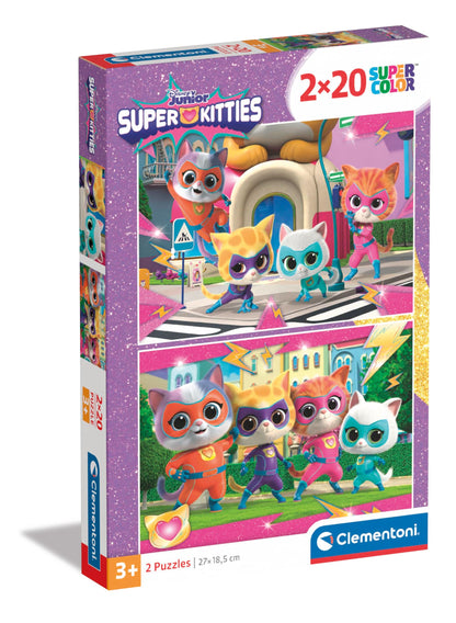 Clementoni- Supercolor Puzzle-SuperKitties-2x20 (Include 2 20 Pezzi) Bambini 3 Anni, Puzzle Cartoni Animati, Made in Italy, Multicolore, 24811