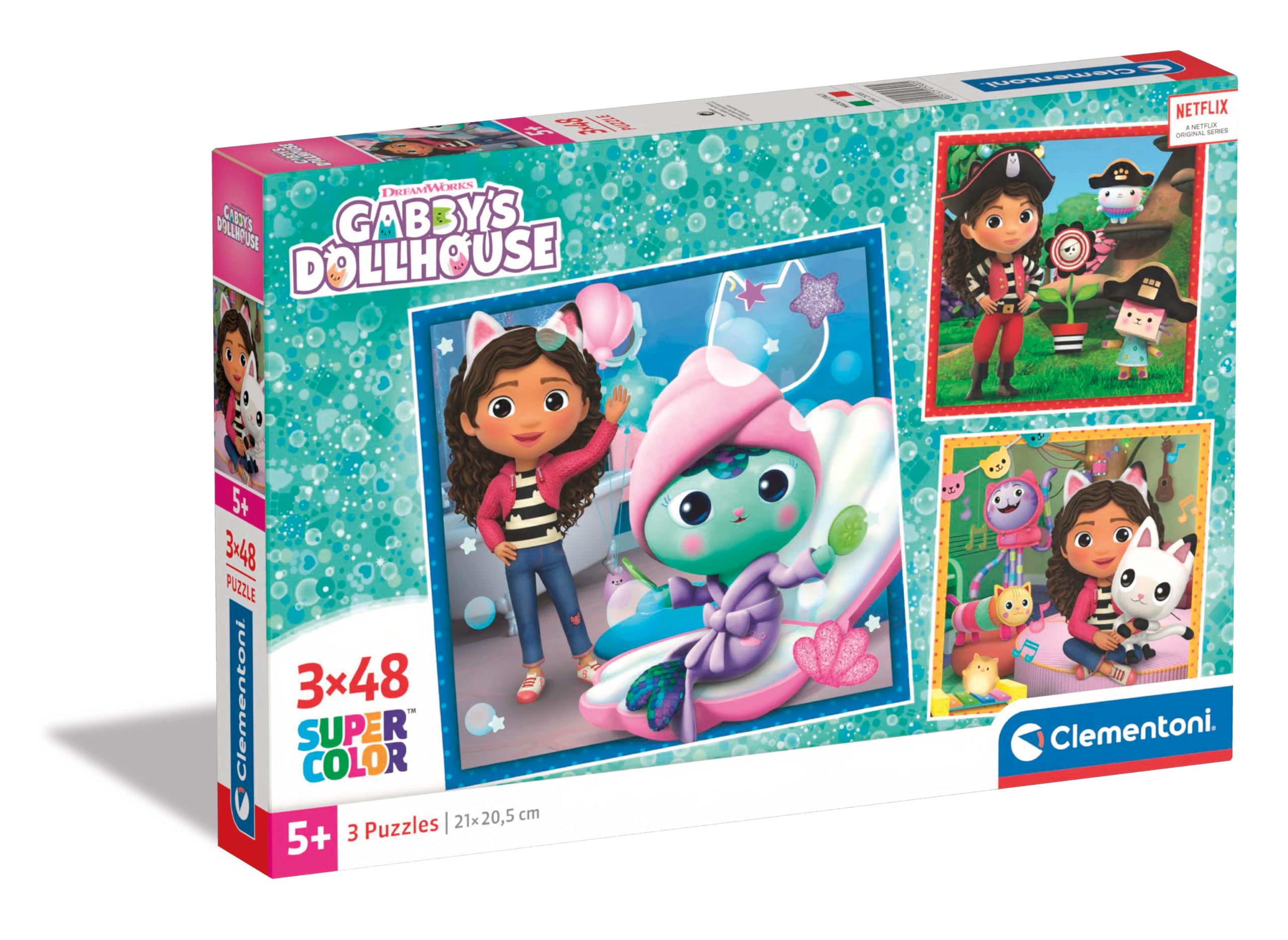 Clementoni - 25300 - Supercolor Puzzel - Gabby'S Dollhouse - 3x48 Stukjes, Kinderpuzzels, 5-7 Jaar, Gemaakt in Italië