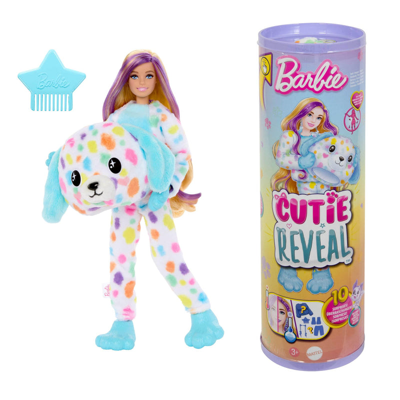 Barbie Cutie Reveal Muñeca con Disfraz de Perro dálmata de Colores, con Peine, Mascota y Accesorios Sorpresa de Moda, Serie Sueños de Colores, Juguete +3 años (HRK41