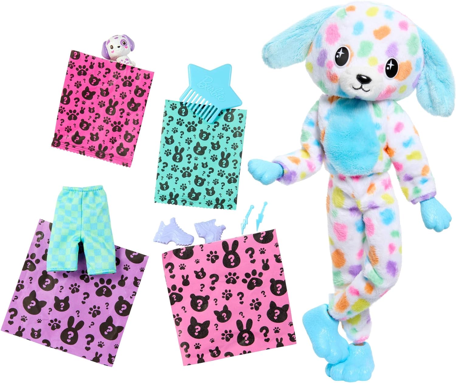 Barbie Cutie Reveal Muñeca con Disfraz de Perro dálmata de Colores, con Peine, Mascota y Accesorios Sorpresa de Moda, Serie Sueños de Colores, Juguete +3 años (HRK41