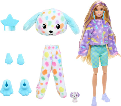 Barbie Cutie Reveal Muñeca con Disfraz de Perro dálmata de Colores, con Peine, Mascota y Accesorios Sorpresa de Moda, Serie Sueños de Colores, Juguete +3 años (HRK41