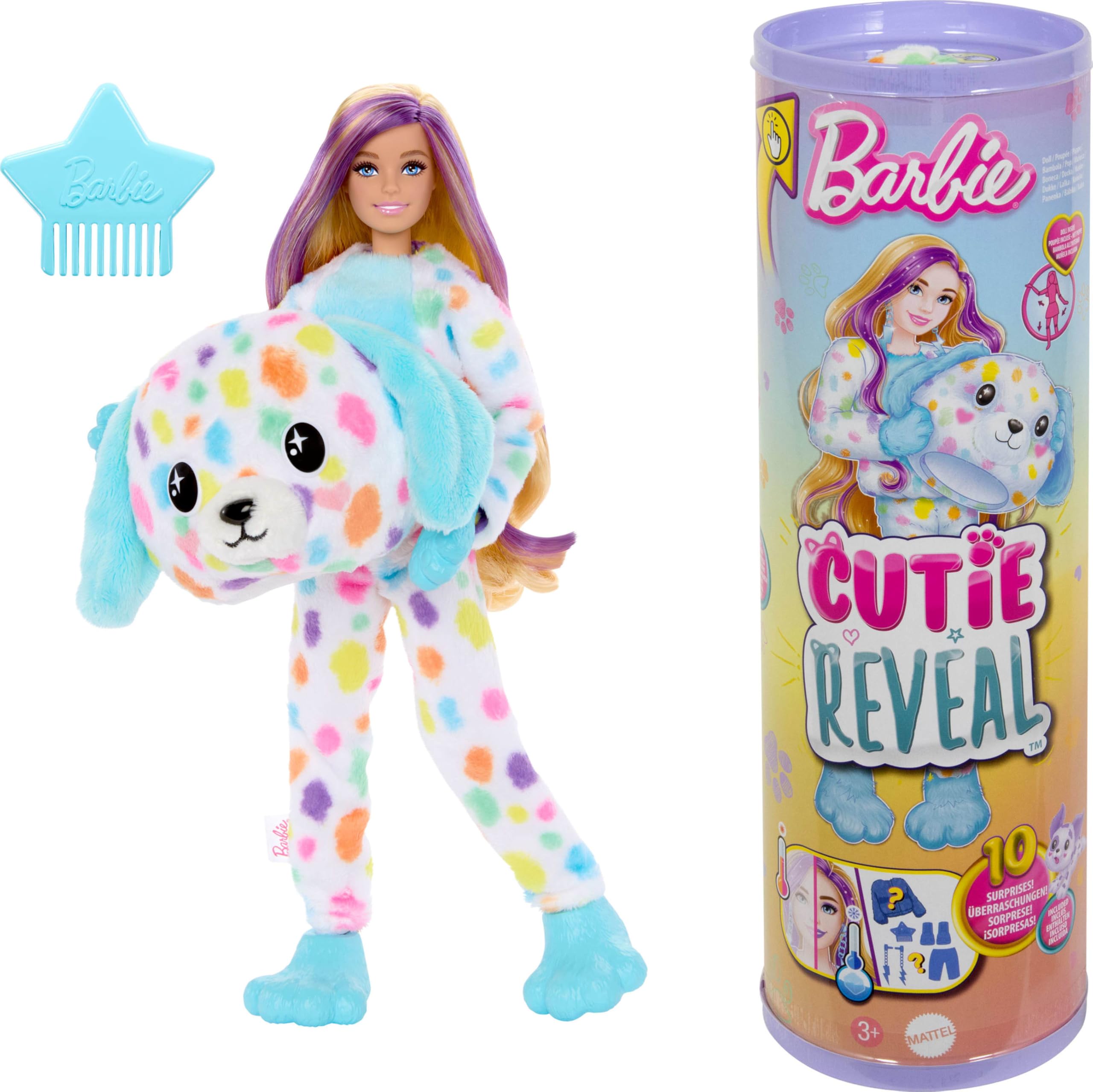 Barbie Cutie Reveal Muñeca con Disfraz de Perro dálmata de Colores, con Peine, Mascota y Accesorios Sorpresa de Moda, Serie Sueños de Colores, Juguete +3 años (HRK41