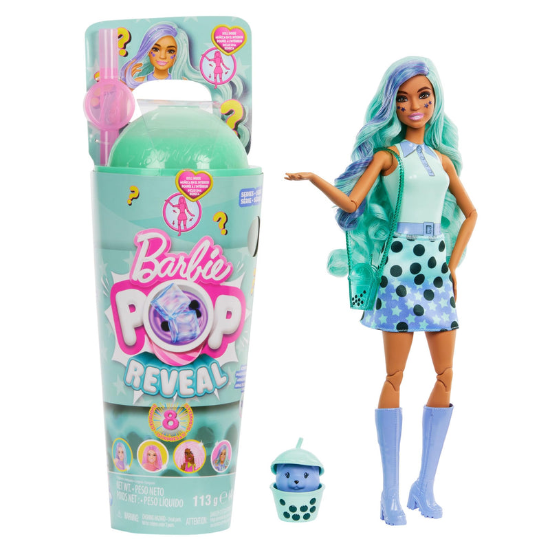 Barbie Pop Reveal Bubble Tea Series Doll & Accessories with Fashion Doll & Pet, 8 Surprises Include Color Change, Cup with Storage (Styles May Vary), HTJ21
