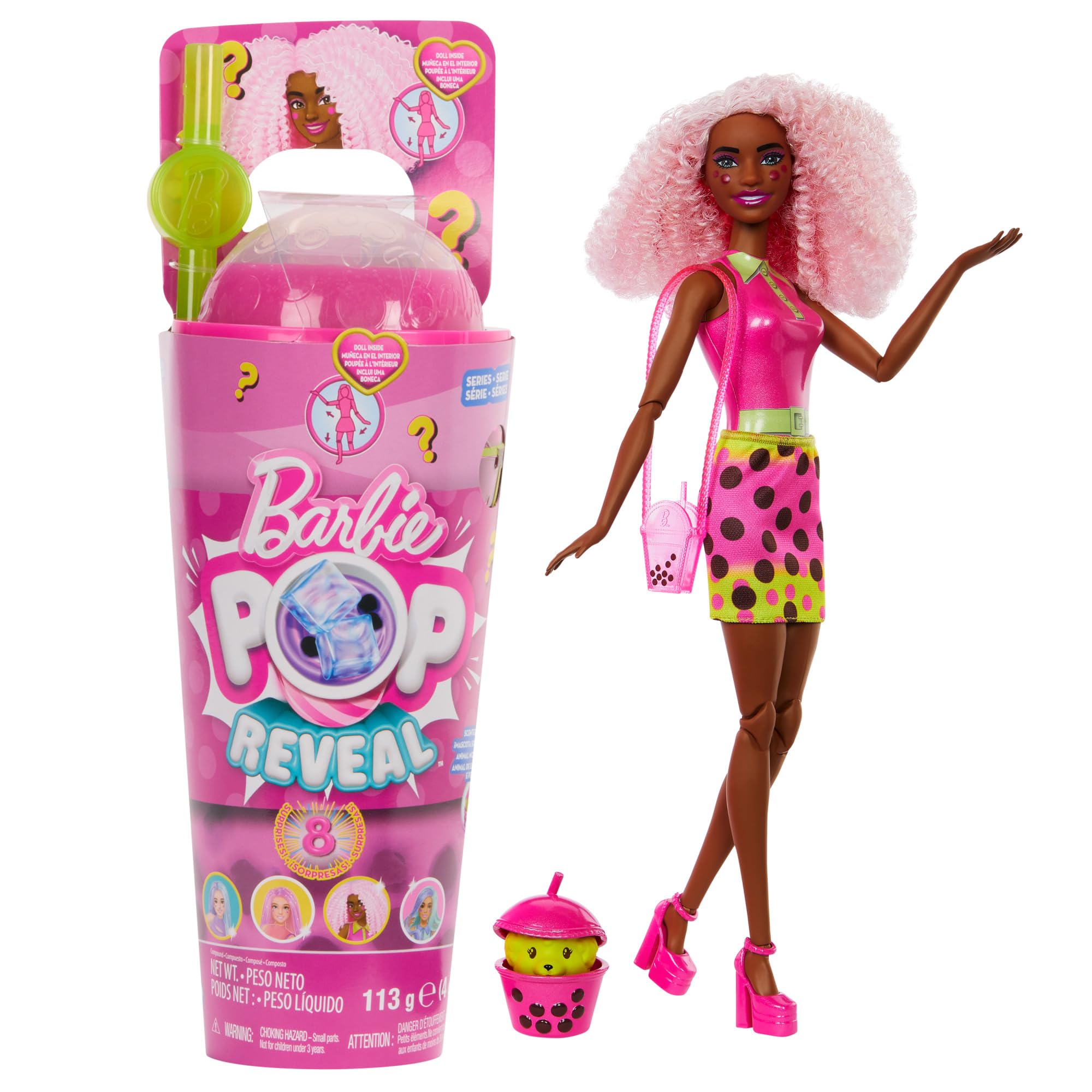 Barbie Pop Reveal Bubble Tea Series Doll & Accessories with Fashion Doll & Pet, 8 Surprises Include Color Change, Cup with Storage (Styles May Vary)