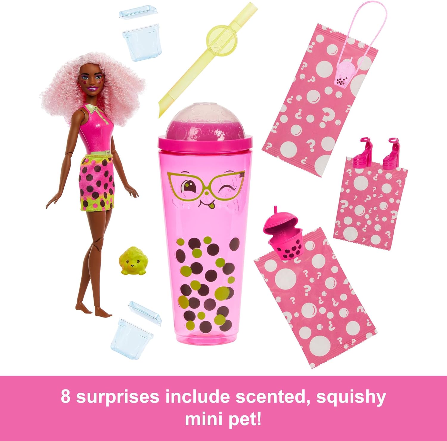 Barbie Pop Reveal Bubble Tea Series Doll & Accessories with Fashion Doll & Pet, 8 Surprises Include Color Change, Cup with Storage (Styles May Vary)