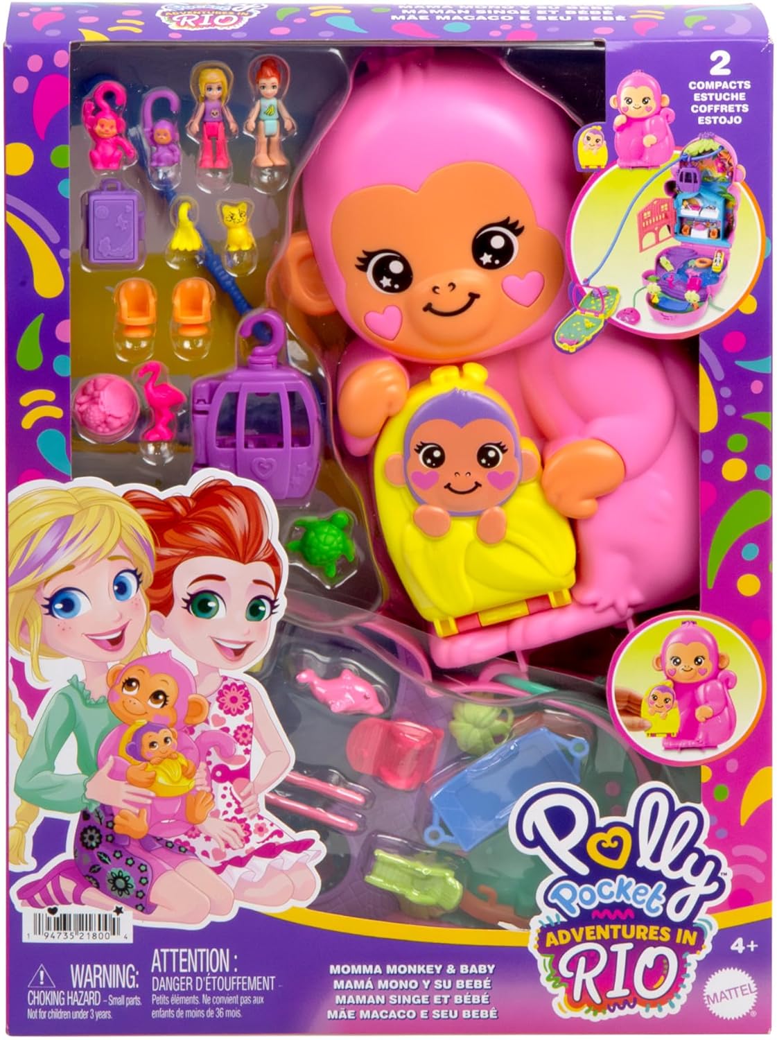 Polly Pocket Dolls & Playset with Pets & 13 Accessories, 2-in-1 Momma Monkey & Baby Wearable Purse & Animal Toy