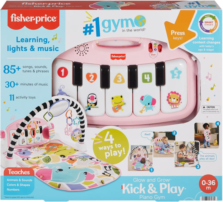 Fisher-Price Baby Activity Mat Glow and Grow Kick & Play Piano Gym, Portable Musical Toy with Smart Stages Learning, Ages 0+ Months, Pink, Queens English Version, HWY61