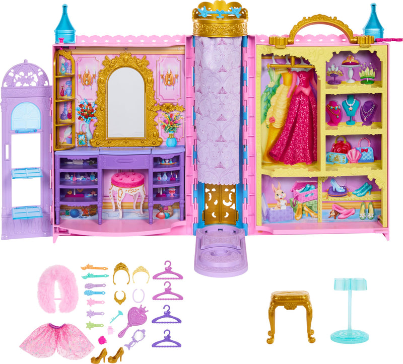 Mattel Disney Princess Closet Playset with 2 Fashions, 25 Accessories, Vanity, Dressing Room, Runway & Storage, Opens to 2 Feet, Movie-Inspired, HXC20