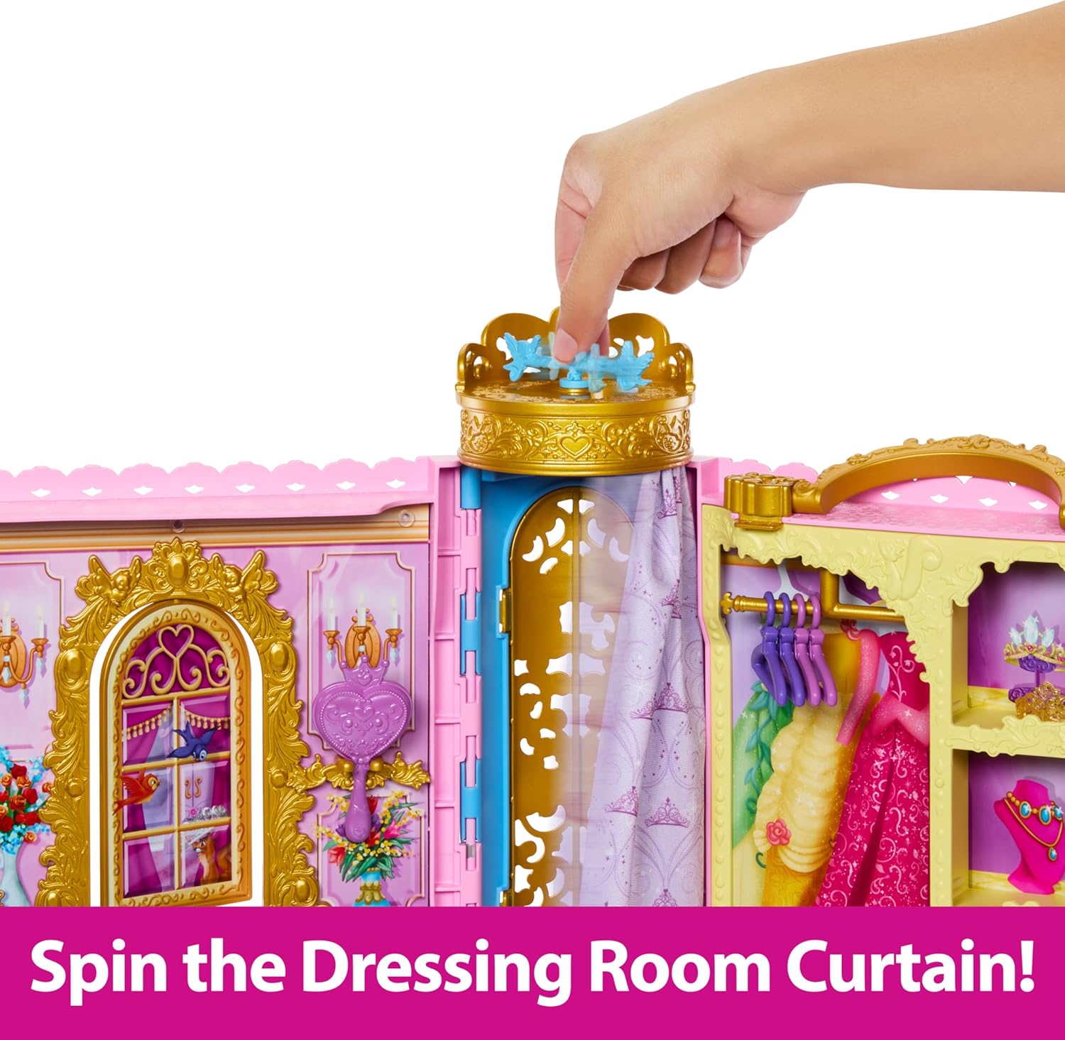 Mattel Disney Princess Closet Playset with 2 Fashions, 25 Accessories, Vanity, Dressing Room, Runway & Storage, Opens to 2 Feet, Movie-Inspired, HXC20
