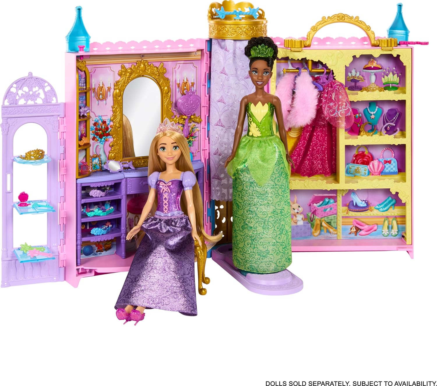 Mattel Disney Princess Closet Playset with 2 Fashions, 25 Accessories, Vanity, Dressing Room, Runway & Storage, Opens to 2 Feet, Movie-Inspired, HXC20