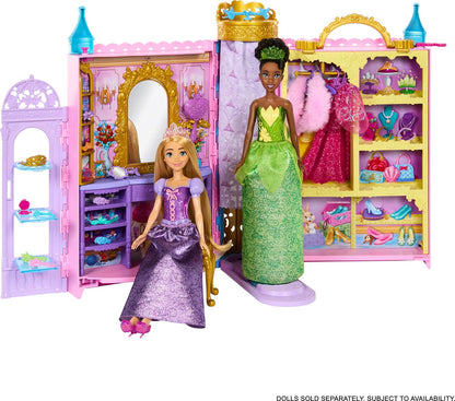 Mattel Disney Princess Closet Playset with 2 Fashions, 25 Accessories, Vanity, Dressing Room, Runway & Storage, Opens to 2 Feet, Movie-Inspired, HXC20