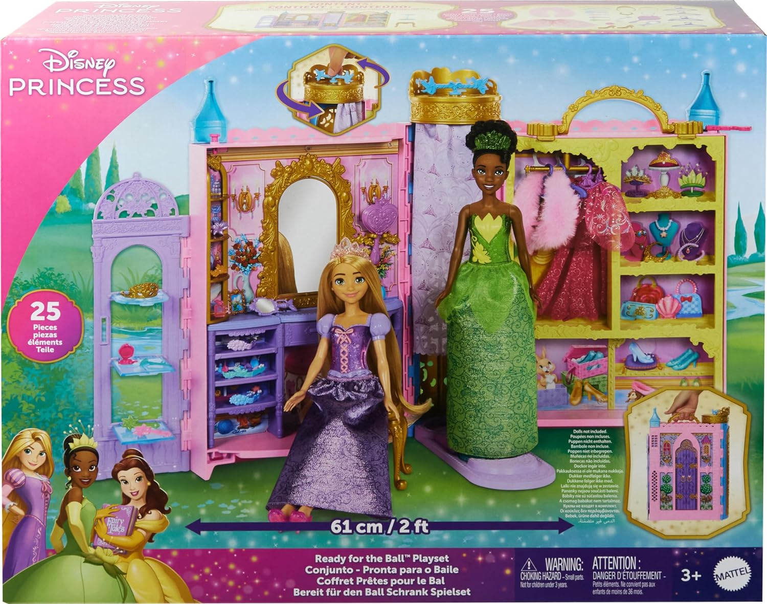 Mattel Disney Princess Closet Playset with 2 Fashions, 25 Accessories, Vanity, Dressing Room, Runway & Storage, Opens to 2 Feet, Movie-Inspired, HXC20