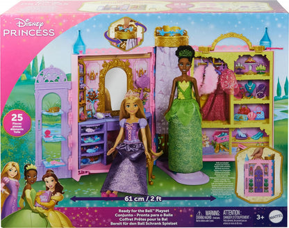 Mattel Disney Princess Closet Playset with 2 Fashions, 25 Accessories, Vanity, Dressing Room, Runway & Storage, Opens to 2 Feet, Movie-Inspired, HXC20