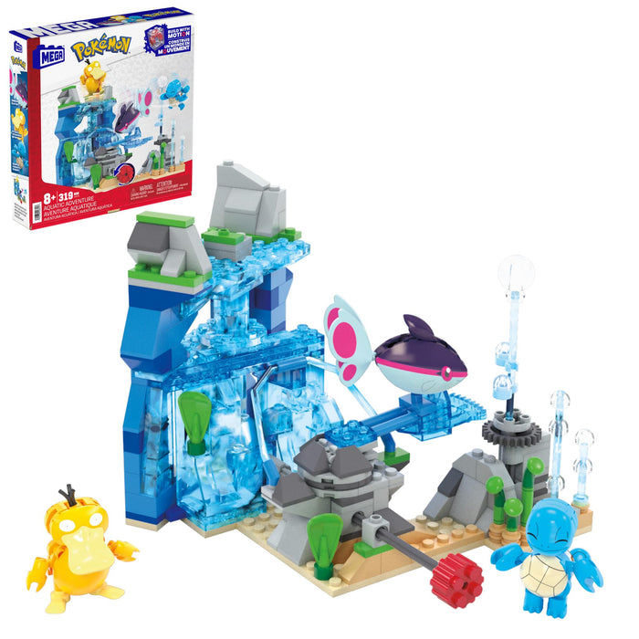 MEGA Pokémon Aventura Acuática, Set de bloques de construcción con 3 figuras de personajes (Squirtle, Psyduck y Finneon), 319 piezas, juguete regalo para niños y niñas +8 años, HXF79