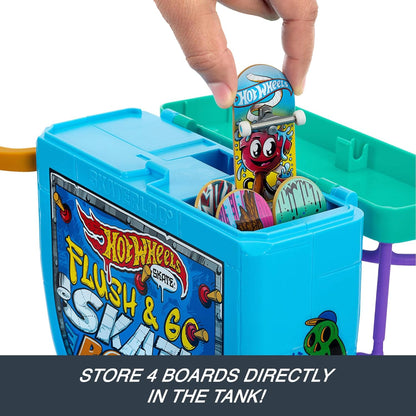 Hot Wheels Skate Fingerboard Toilet Bowl Skate Set, Flush & Go Skate Park with 1 Exclusive Board & Pair of Removable Skate Shoes, Includes Built-In Storage, HXL16