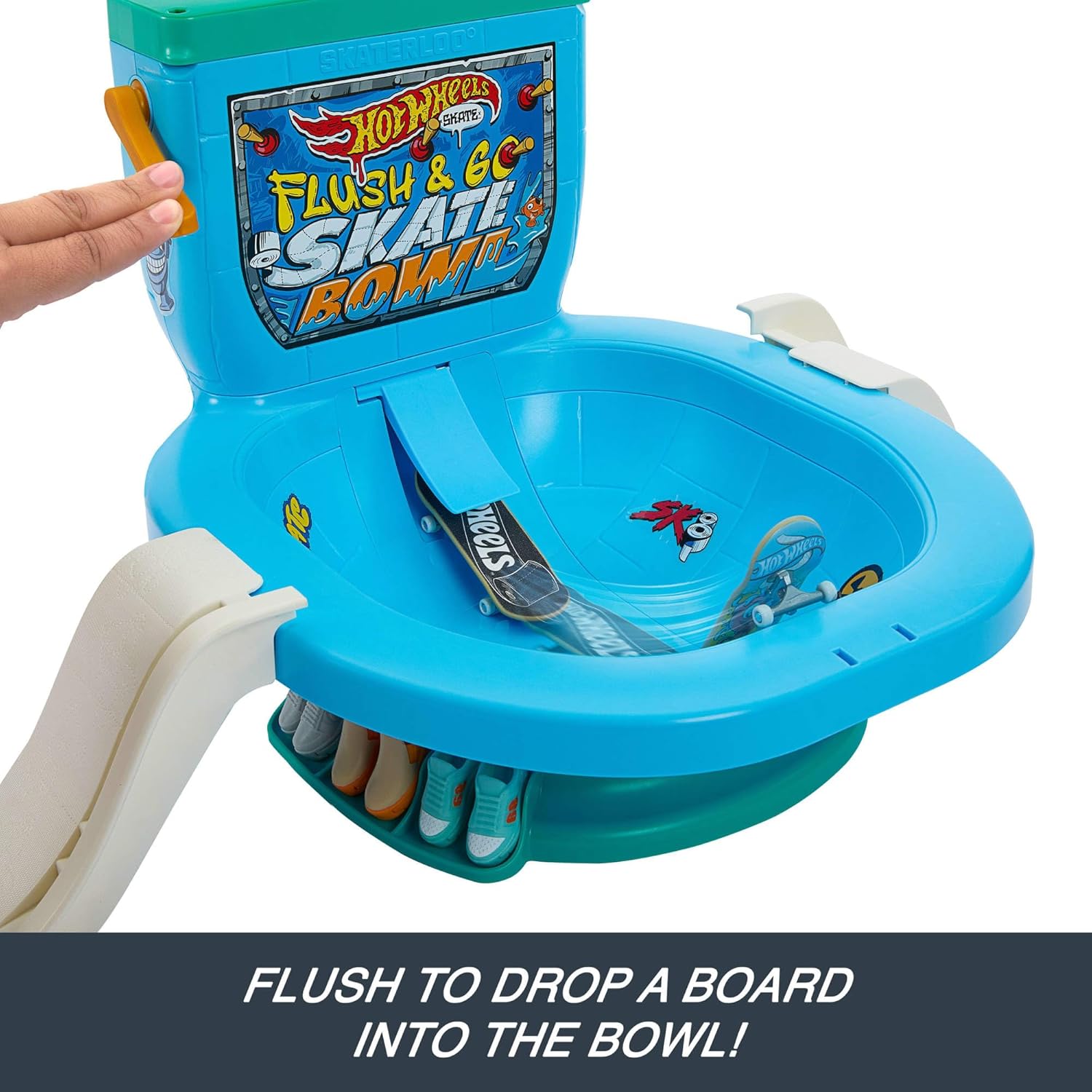 Hot Wheels Skate Fingerboard Toilet Bowl Skate Set, Flush & Go Skate Park with 1 Exclusive Board & Pair of Removable Skate Shoes, Includes Built-In Storage, HXL16