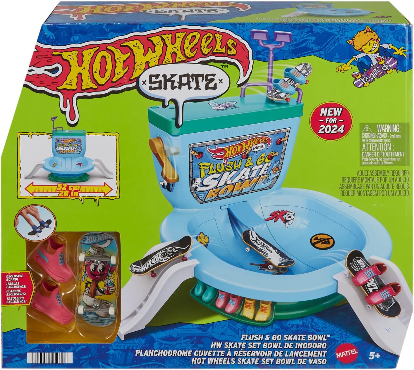 Hot Wheels Skate Fingerboard Toilet Bowl Skate Set, Flush & Go Skate Park with 1 Exclusive Board & Pair of Removable Skate Shoes, Includes Built-In Storage, HXL16