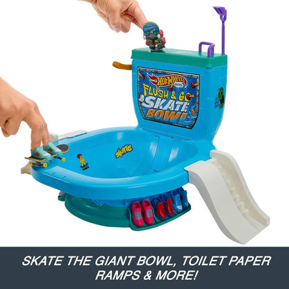 Hot Wheels Skate Fingerboard Toilet Bowl Skate Set, Flush & Go Skate Park with 1 Exclusive Board & Pair of Removable Skate Shoes, Includes Built-In Storage, HXL16