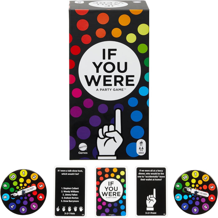 Mattel Games, If You Were a Party, Game for Adults, UK English Version, with Ridiculous Questions & Finger Voting with Cards & Spinners for 3-8 Players, JCT08