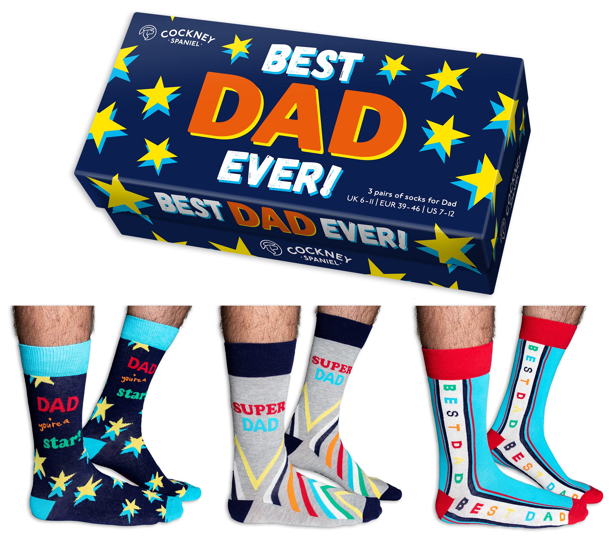 Cockney Spaniel Novelty Gift for Men, 3 Pairs of Crew Socks, Size: UK 6-11 (EUR 39-46), Fun and Quirky Gift for Men