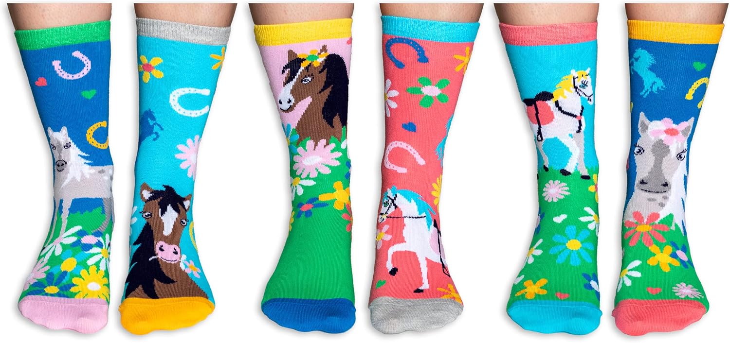 United Oddsocks Giddy Up - Box of 6 Horsey Calf Socks for Girls UK 12-5.5 (EUR 30.5-38.5) Fun and Quirky Gift for Horse Lovers