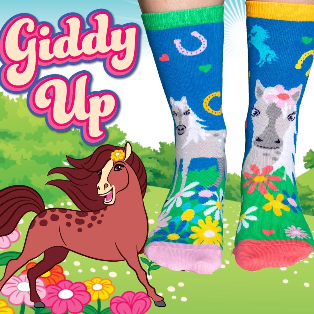 United Oddsocks Giddy Up - Box of 6 Horsey Calf Socks for Girls UK 12-5.5 (EUR 30.5-38.5) Fun and Quirky Gift for Horse Lovers