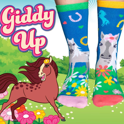 United Oddsocks Giddy Up - Box of 6 Horsey Calf Socks for Girls UK 12-5.5 (EUR 30.5-38.5) Fun and Quirky Gift for Horse Lovers