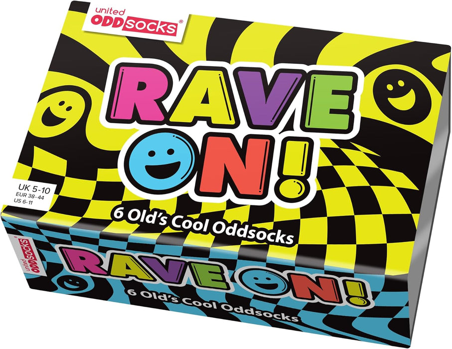 United Oddsocks RAVE ON 6 Odd socks gift box | UNISEX UK 5-10 | EUR 38-44 | US 6-11