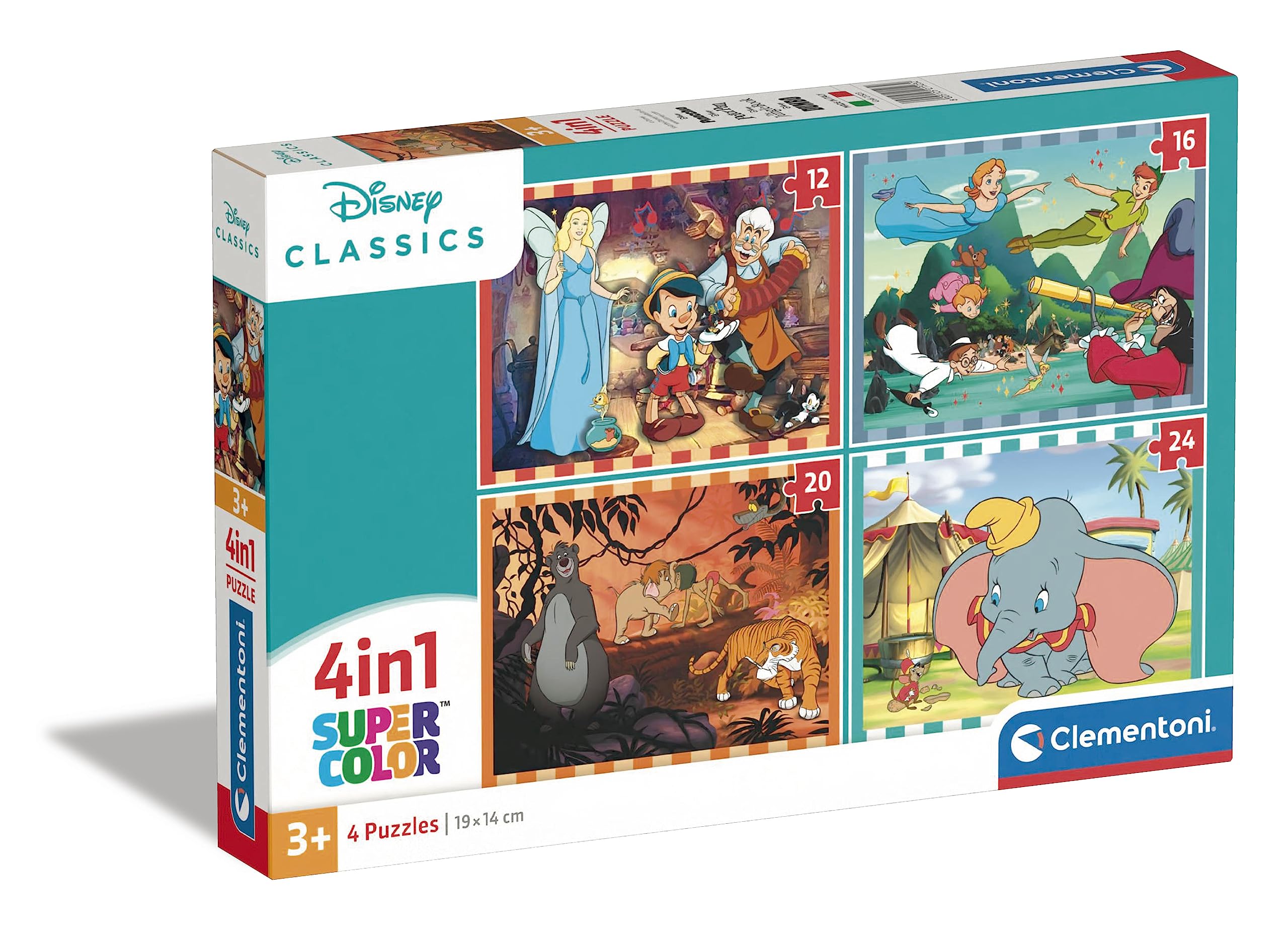Clementoni 21523 Disney Classics Supercolor 4 in 1 Classics-12+16+20+24 Pieces, Jigsaw Kids Age 3, Puzzle Cartoon, Made in Italy