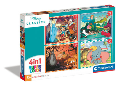 Clementoni 21523 Disney Classics Supercolor 4 in 1 Classics-12+16+20+24 Pieces, Jigsaw Kids Age 3, Puzzle Cartoon, Made in Italy