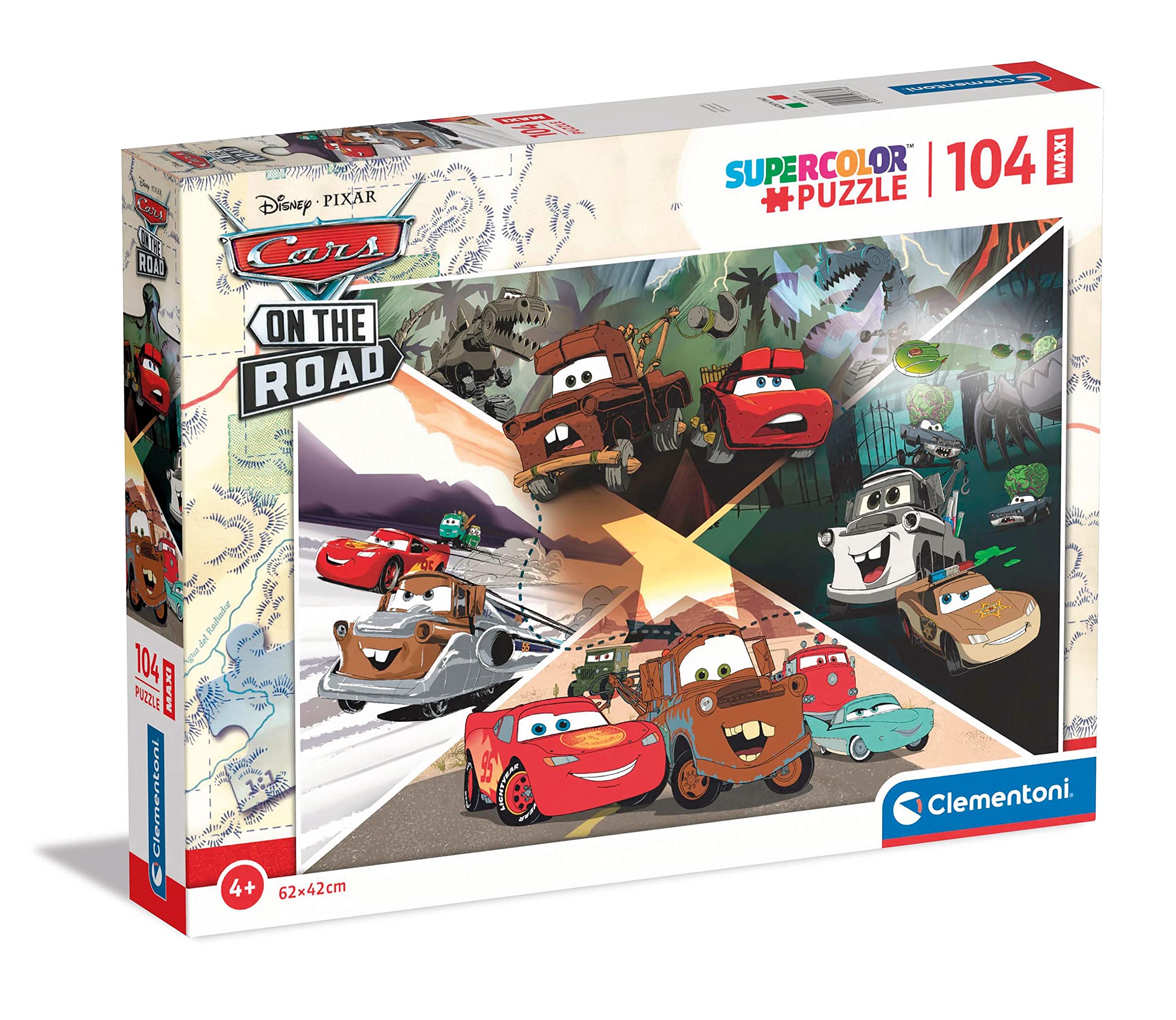 Clementoni Supercolor Disney Pixar Cars on the Road-104 stuks kinderen 4 jaar, puzzel cartoons, gemaakt in Italië, meerkleurig, 23774