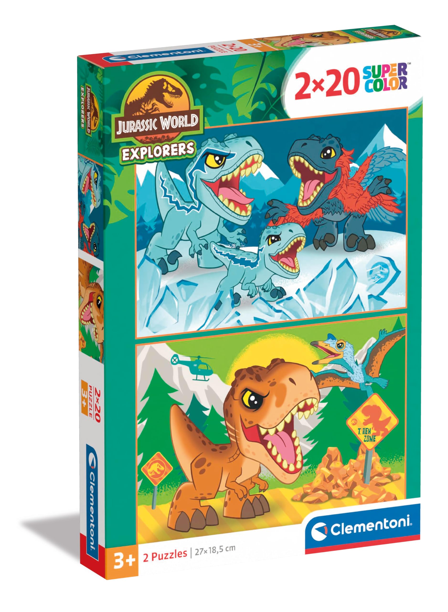 Clementoni 24810 Jurassic World Jigsaw 2 20 Pieces-Supercolor Children 3-5 Years, Cartoon, Gift for Boy/Girls, Puzzle for Kids, Made in Italy, Multicolor